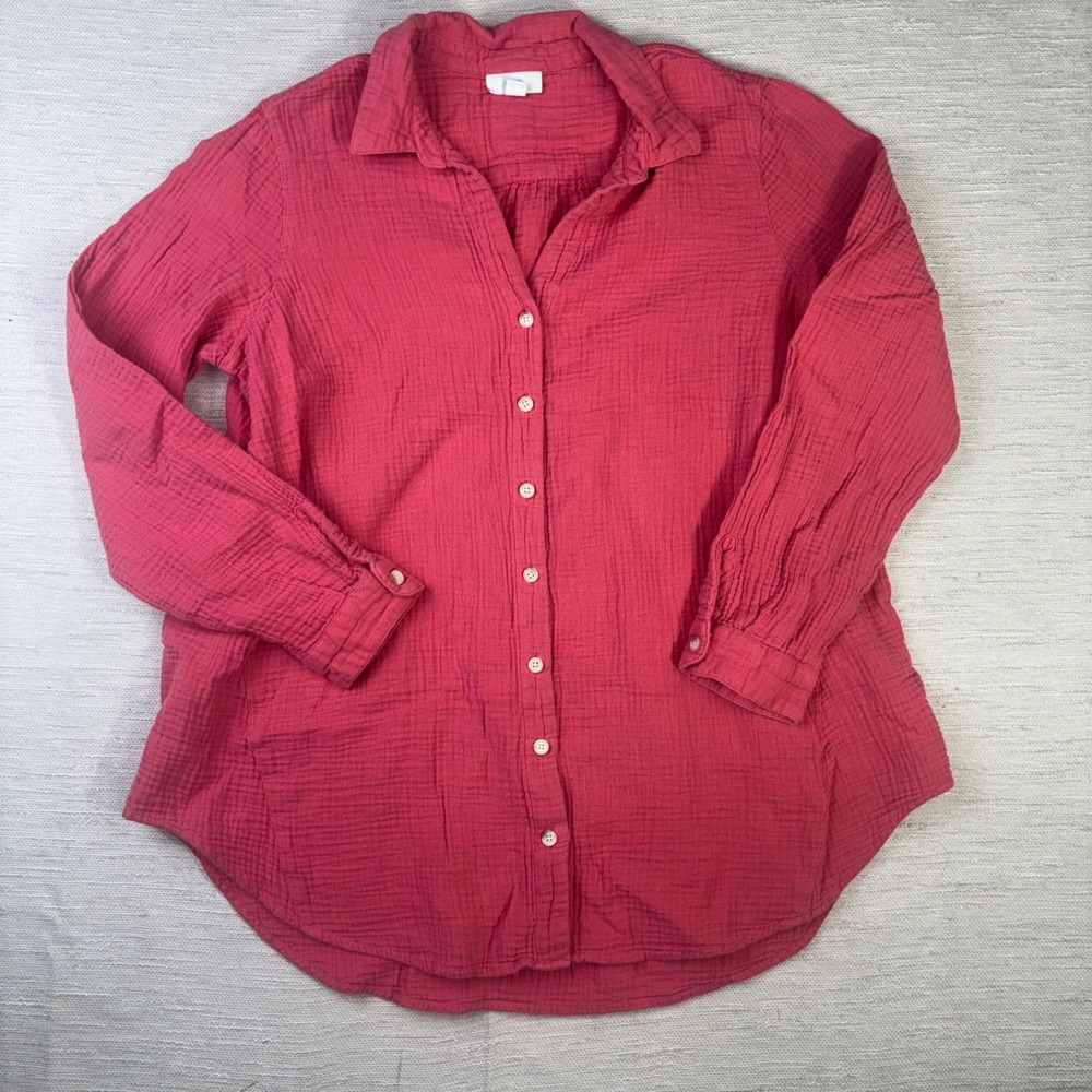 J. Jill Womens Large Coral Pink Cotton Gauze Button Down Long Sleeve Shirt